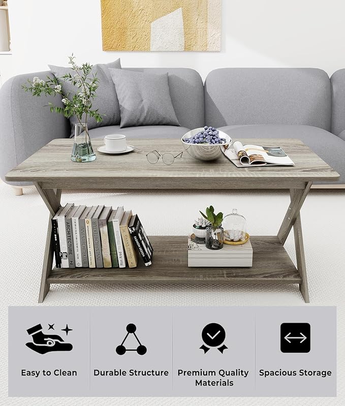 Modern Coffee Table with Storage Shelf, Simple Rectangular Tea Tables for Living Room Bedroom Home Office French Oak Grey