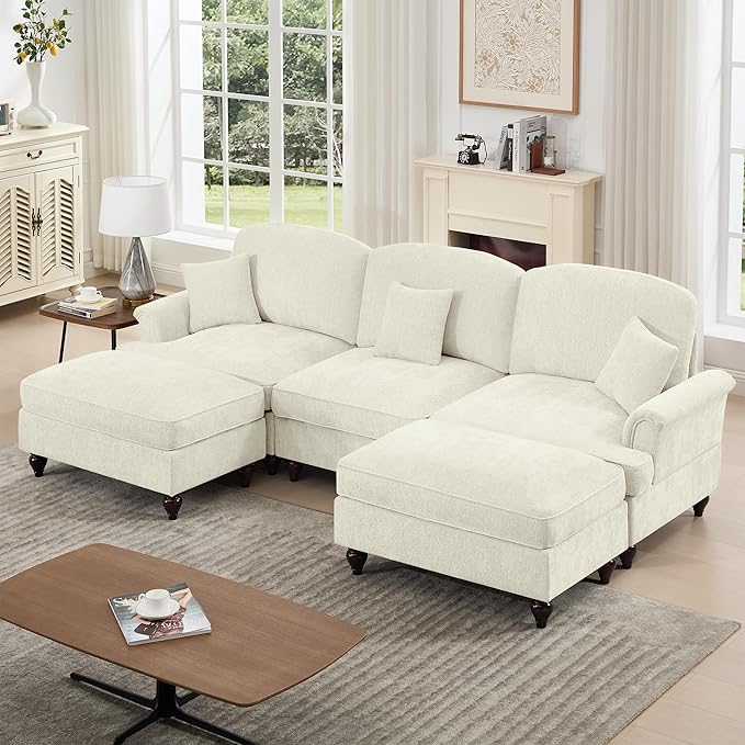 KEIKI Mid Century Modular Sofa with Flared Arms and Skirted Design, 107” Oversized 3-Seater with 2 Ottomans Chenille Sectional Couches for Living Room, Chaise Lounge Indoor Furniture, Beige White