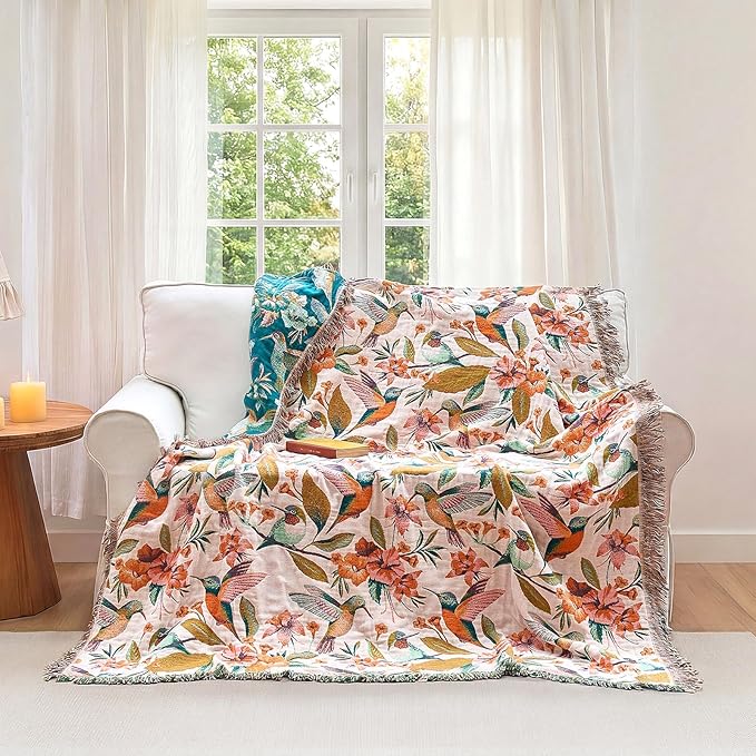 Boho Throw Blanket - 50"x60" 100% Cotton Ultra Soft Lightweight Spring Blanket, 4-Layer Breathable Muslin Blankets for Bed Couch, Reversible Blue Floral Bird Printed Bohemian Cotton Quilt