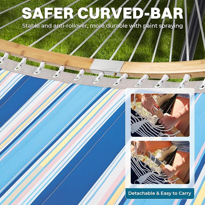 SUPERJARE Curved-Bar Hammock with Stand, 2 Person Heavy Duty Hammock Frame, Detachable Pillow & Portable Carrying Bag, Perfect for Outdoor & Indoor, Holiday Voyage Stripe - Image 5