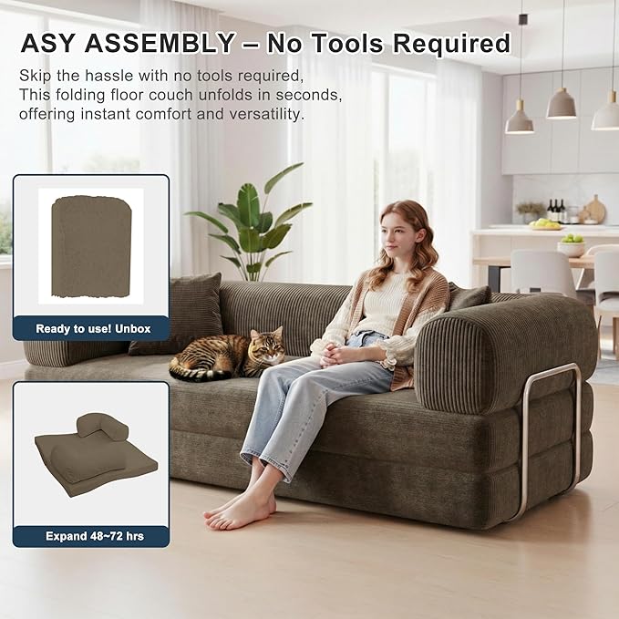 78 Inch Folding Convertible Sofa Bed, 4-in-1 Oversized Cloud Corduroy Upholstered Boneless Couch, Loveseat Sleeper with Pull Out Bed, Modular Futon Floor Sofa Couch for Living Room Bedroom Lounge