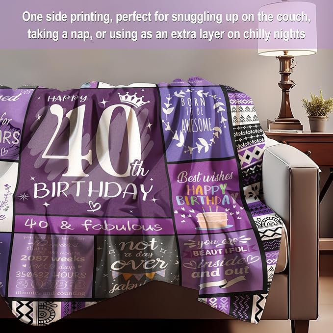 40th Birthday Gifts for Women, 40th Birthday Decorations for Women, 40 Year Old Gift for Woman, Turning 40-40 Year Old Bday Blanket 60"X50"