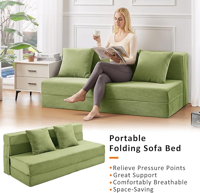 Queen Size Folding Sofa Bed - 4 in 1 Convertible Sleeper Chair with Two Pillows - High Density Memory Foam Futon Couch - Foldable Bed for Living Room Bedroom (Green)
