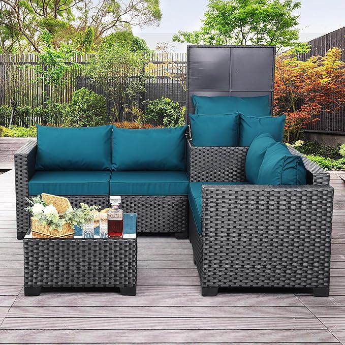 WAROOM Patio Furniture Set 4 Piece Conversation Sets Black Rattan Outdoor Couch Loveseat Wicker Sectional Sofa with Storage Box Glass Top Table, Peacock Blue Cushion