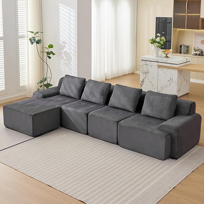 Modular Sectional Sofa, Boneless Couches for Living Room, Corduroy Couch, Big Comfy Couch, Modular Cloud Sofa with Deep Seat (Grey, 5 Pieces-L Shape)