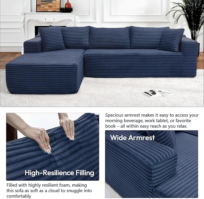 Cloud Sectional Couch, 105" Modular Sectional Sofa with Right Chaise Lounge, Modern Modular L-Shape Sofa with Pillows & Deep Seat, Boneless Couches for Living Room Bedroom, Dark Blue