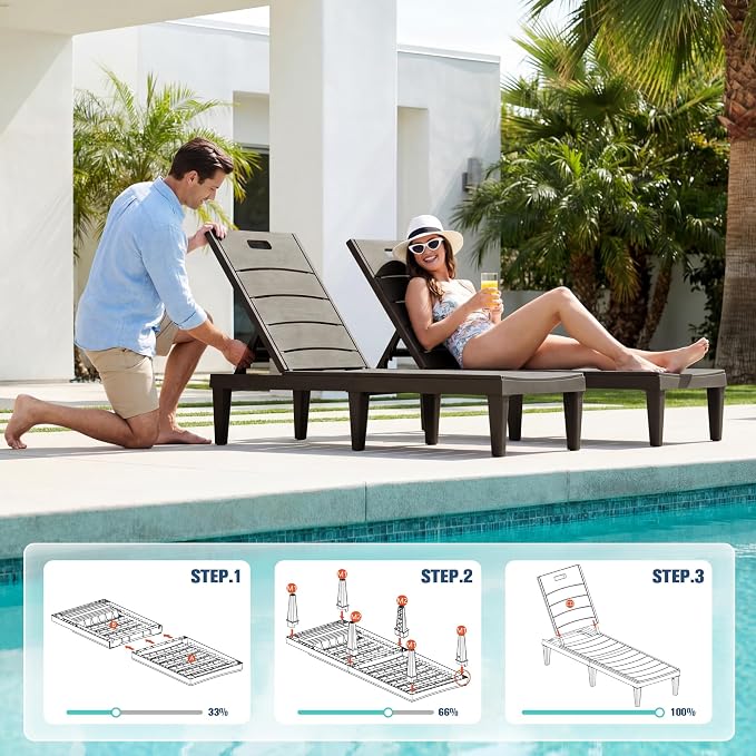 Devoko Outdoor Chaise Lounge Chair Set of 2 with 5-Position Adjustable Back, Waterproof & Lightweight PP Lounge Chairs for Outside Pool Patio (Deep Brown) - Image 5