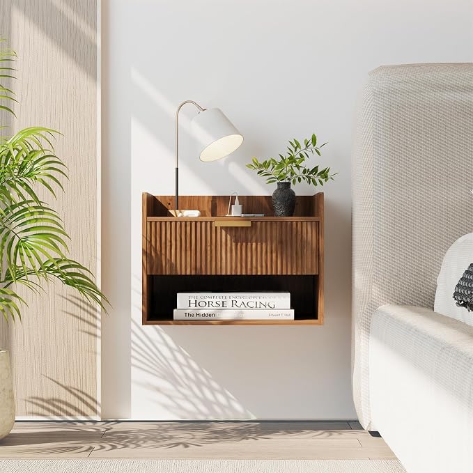Arbuxzuy Floating Nightstand Set of 2 with Charging Station, Modern Wall Mounted Bedside Table with Drawer & Open Shelf, Minimalist Wooden Night Stand for Bedroom (Walnut Brown) - Image 7