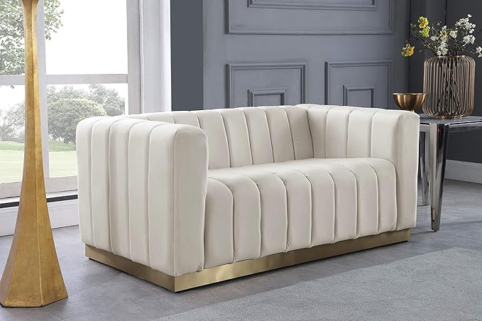 Meridian Furniture 603Cream-L Marlon Collection Modern | Contemporary Velvet Upholstered Loveseat with Deep Channlel Tufting and Brushed Gold Finish, Cream, 62.5" W x 34" D x 28" H