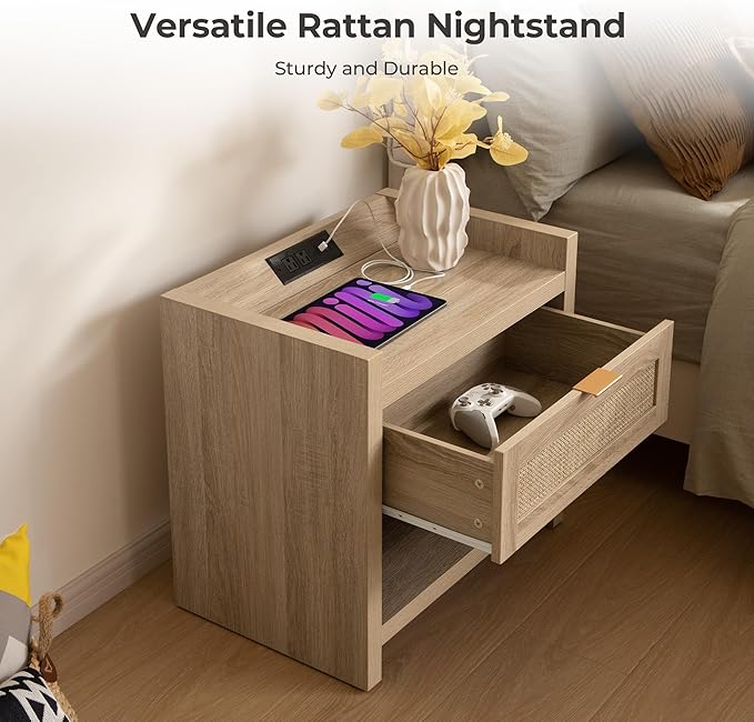 SICOTAS Rattan Nightstand End Table - Boho Night Stand Bedside Table with Type-C Charging Station, Wicker Decor Drawer Storage Cabinet Night Stand for Bedroom - Light Oak - Image 5