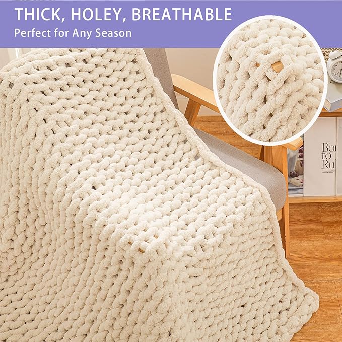 Bigacogo Chunky Knit Throw Blanket for Couch, 60x80 inches, 100% Hand Knitted with Thick Jumbo Chenille Yarn, Cozy Soft Large Rope Knot Cable Crochet Blankets for Sofa Bed Living Room, Beige