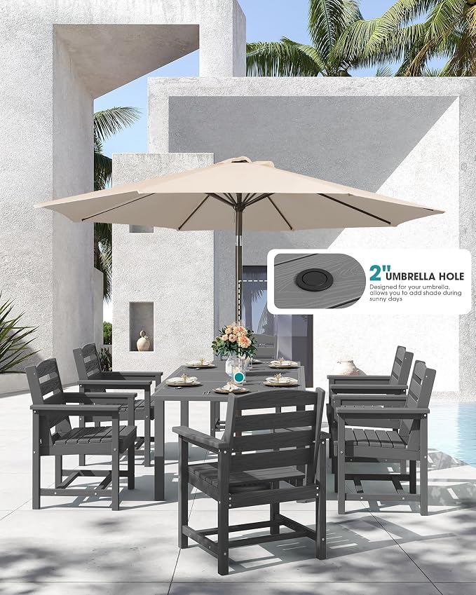 SERWALL 9-Piece Outdoor Dining Set, 60" - 83" Expandable Outdoor Dining Table and 8 HDPE Chairs, All Weather HDPE Outdoor Furniture Set for Backyard, Garden, Grey - Image 2