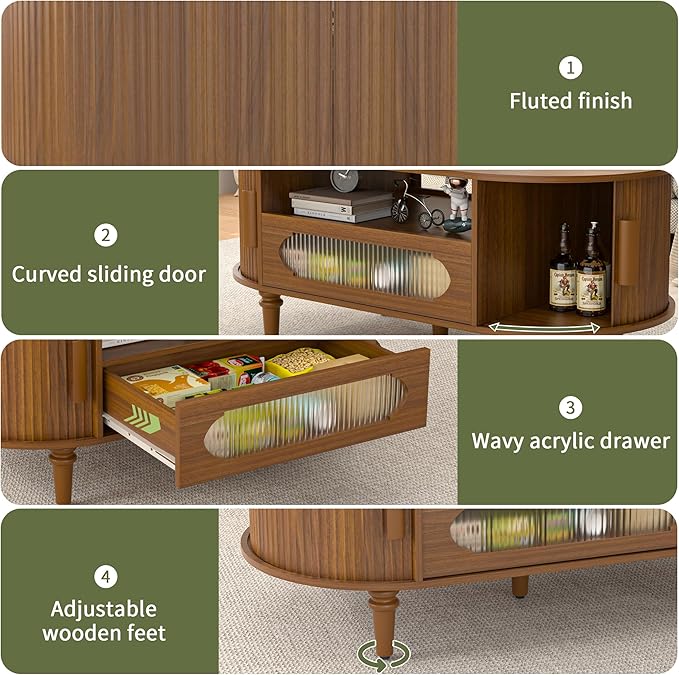 Fluted Oval Coffee Table for Living Room, Wood Round Coffee Table with Storage, Low Small Center Tables with Drawer, Sliding Door, Mid Century Modern, Boho, Rustic, Walnut