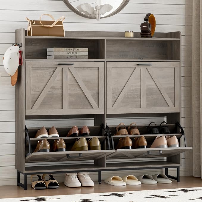 BORNOON Shoe Cabinet with 4 Flip Drawers Narrow Shoe Storage Cabinet Organizer Wooden Freestanding Shoe Rack Hidden Slim Shoes Storage Cabinet for Entryway, Hallway, Living Room, Bedroom by BORNOON