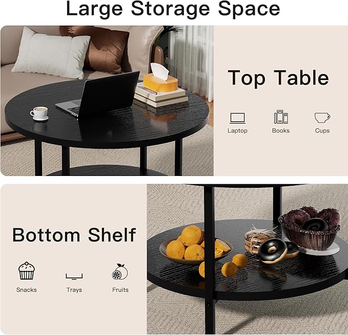 Coffee Table, 27.6“ Circle Coffee Tables for Living Room, 2 Tier Round Coffee Table with Storage, Wood Accent Center Floor Table for Bedroom, Industrial Home Office, Elegant Gray