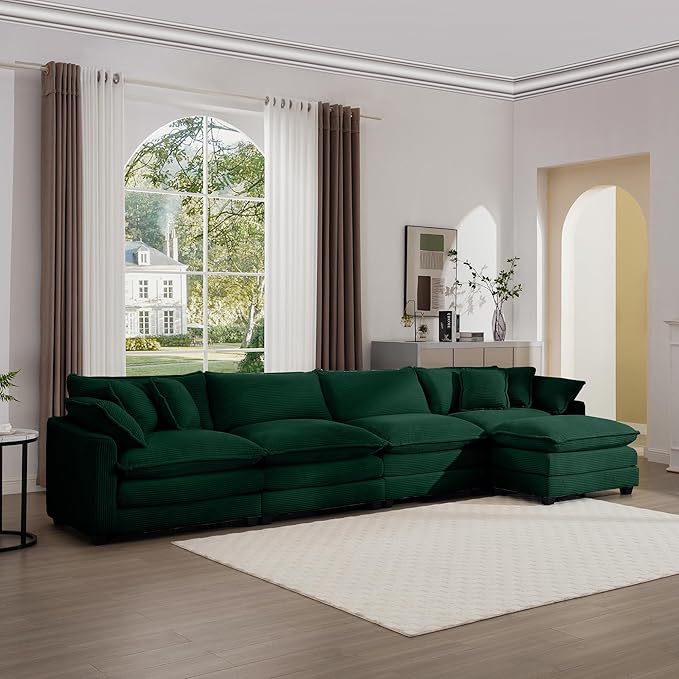 KEIKI 150" L-Shaped Oversized Corduroy Modular Sectional Sofa with 1 Ottoman, High-Density Foam Cushions, Removable Armrests, Upholstered 4-Seater Corner Couch with 6 Pillow, for Living Room, Green