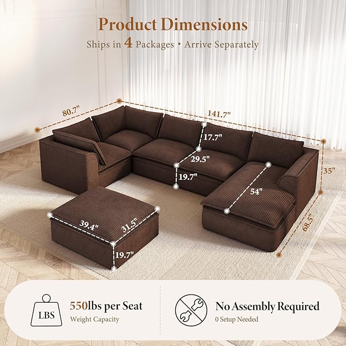 Vesgantti 141.7" Oversized Boneless Sectional Couch, 7 Seater Modular Sofa with Chaise & Ottoman & Armrest, Deep Seat Corduroy Cloud Couches for Living Room, No Assembly Required, Dark Brown