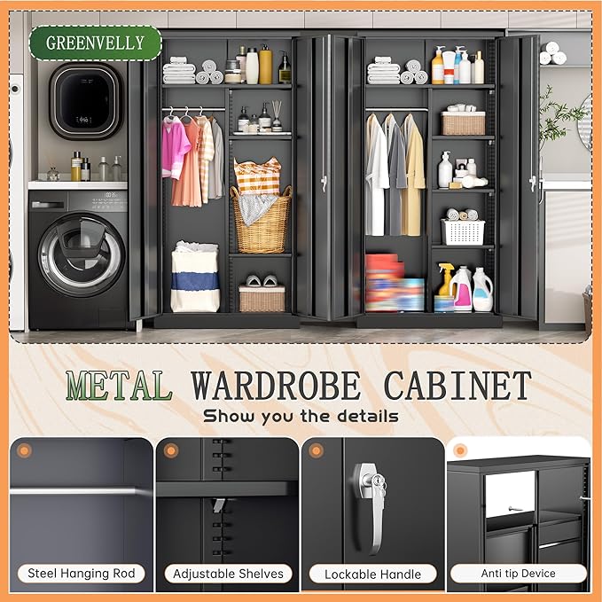 Greenvelly Metal Wardrobe Cabinet with Locking Doors, 72"H Black Metal Wardrobe Closet with Hanging Rods and Adjustable Shelves, Clothing Storage Closet for Home, Office, Employee, Gym (18" D x 36” W)