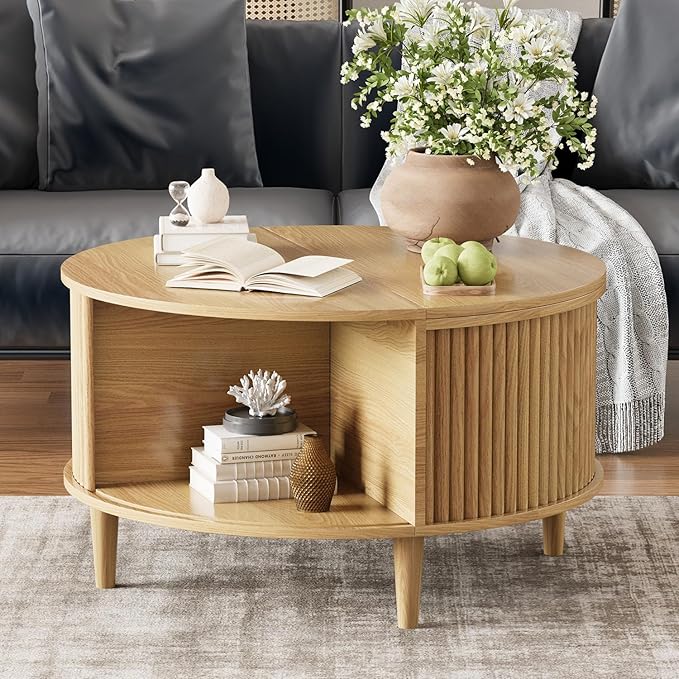 Lift Top Coffee Table with Storage, Fluted Round Center Table with Sliding Cabinet Door, Small Circle Table for Living Room, Natural Oak