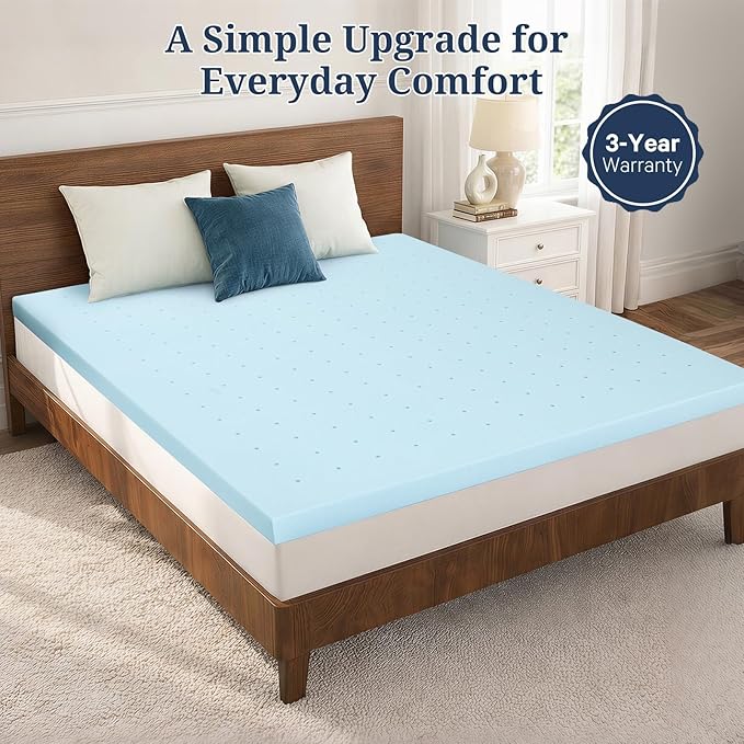 Queen Mattress Topper, 2 Inch Gel Memory Foam, Balanced Comfort, Pressure Relief, Ventilated Breathable Design, CertiPUR-US Certified, Blue
