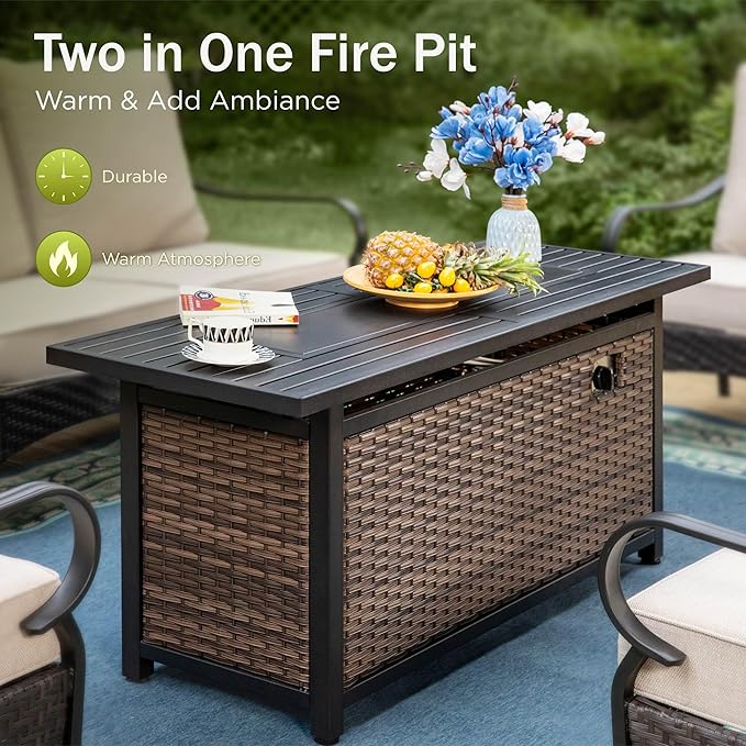 Patio Furniture Set with 56" Fire Pit Table, Premium Outdoor Wicker Metal Frame Furniture with Upgraded Waterproof Thick Cushions for Porch, Poolside, Deck, and Yard （4 Pieces,Beige）