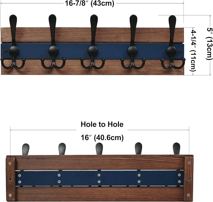 SKOLOO Rustic Wall Mounted Coat Rack - 16-7/8" Long Coat Hooks for Wall with 5 Triple Hooks for Hanging Coats, Hats or Tools, Western National Parks Collection, Wood Brown & Blue - Image 7