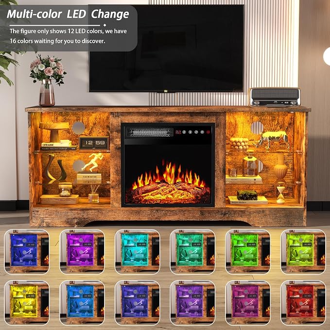 PRETZI Fireplace TV Stand with 18" Fireplace Up to 65" TVs, 58" Entertainment Center with LED Lights, TV Media Console with Adjustable Glass Shelves and Storage Cabinets for Living Room, Brown - Image 3