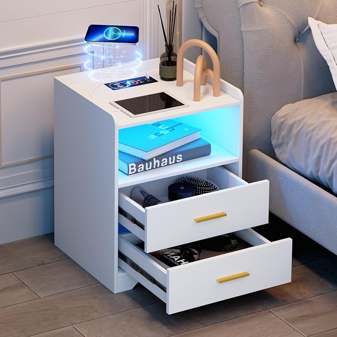 dnbss White LED Nightstand with Charging Station and 24-Color RGB Lights, Smart Night Stand with Human Sensor Lighting, Modern Bedside Table for Bedroom - Image 9