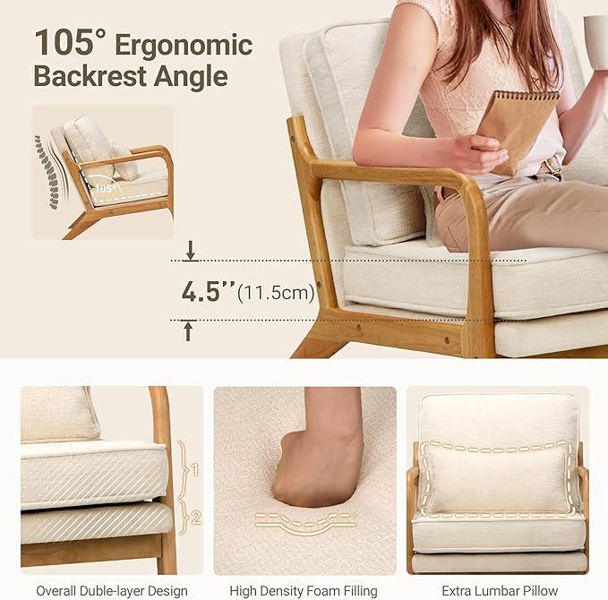 COLAMY Modern Accent Chair with with Solid Wood Frame, Mid Century Reading Leisure Armchair Lumbar Pillow& Soft Cushion, Relaxing Chair for Living Room,Bedroom,Waiting Room（Beige）