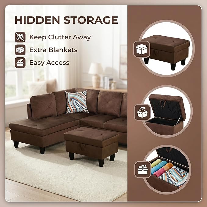 3-Piece L-Shaped Modular Leather Sofa – Convertible Sectional Couch with Movable Chaise & Storage Ottoman, Multi-Scene Use for Living Room, Apartment & Office, Brown