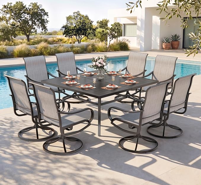 PHI VILLA 9 Piece Outdoor Patio Dining Set, Large Square Metal Dining Table and 8 Outdoor Swivel Dining Chairs, Patio Table and Gray Chair Furniture Dining Set for 8 Person by PHIVILLA
