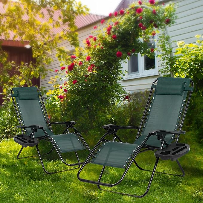 Nazhura Set of 2 Relaxing Recliners Patio Chairs Adjustable Steel Mesh Zero Gravity Lounge Chair Beach Chairs with Pillow and Cup Holder (Dark Green) - Image 2