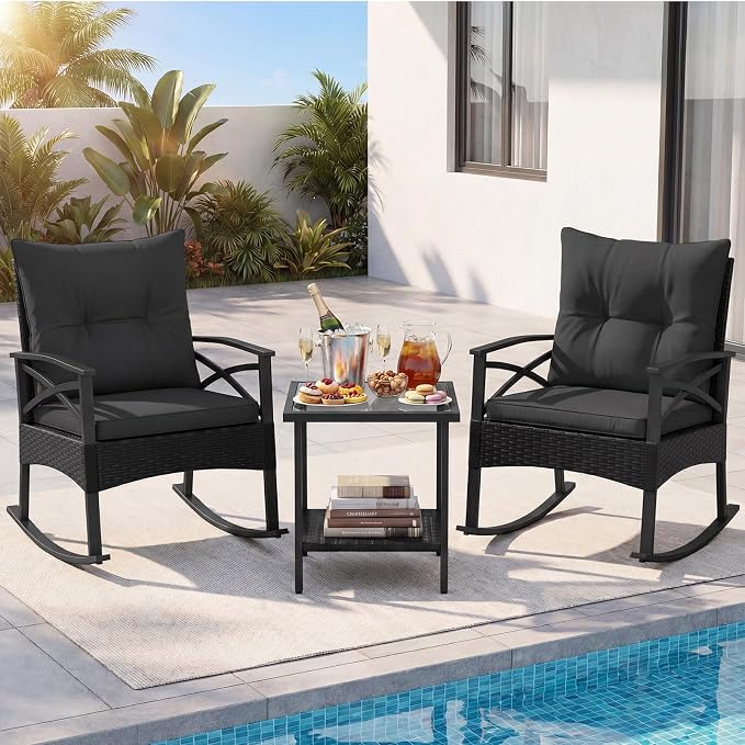 Tangkula 3 Pieces Outdoor Rocking Chairs Set, Rattan Heavy Duty Cushioned Rocker Chairs with 2-Tier Tempered Glass Coffee Table, for Garden, Balcony, Backyard (Black+Gray) - Image 3