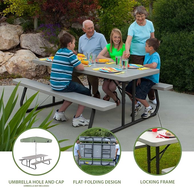 LIFETIME 6‑Foot Folding Picnic Table, Outdoor Portable Bench Seating for 8, UV‑Protected HDPE, Powder‑Coated Steel Frame, Stain‑Resistant, Folds Flat for Storage - Image 4