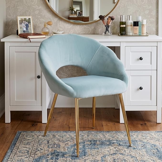Modern Vanity Chair, Living Room Chair with Gold Metal Legs,Velvet Dining Chair, Comfy Accent Chair for Makeup Room, Waiting Room, Dressing Room, Bedroom, Dining Room, Home Office (1, Blue-green)