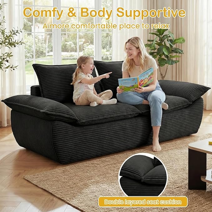 59" Boneless Loveseat Sofa, 2-Seater Black Boneless Sofa with Removable Cushions & 2 Pillows, Small Couch Boneless Compress Foam Sofa for Living Room, Apartments, & Office