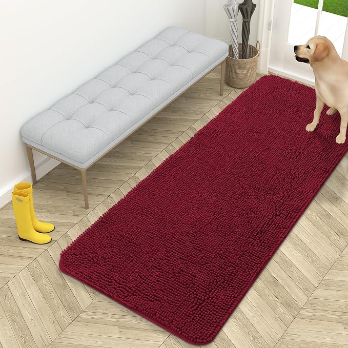 OLANLY Dog Door Mat for Muddy Paws 59x24, Absorbs Moisture and Dirt, Absorbent Non-Slip Washable Doormat, Quick Dry Chenille Mud Mat for Dogs, Entry Indoor Entryway Carpet for Inside Floor, Burgundy by OLANLY