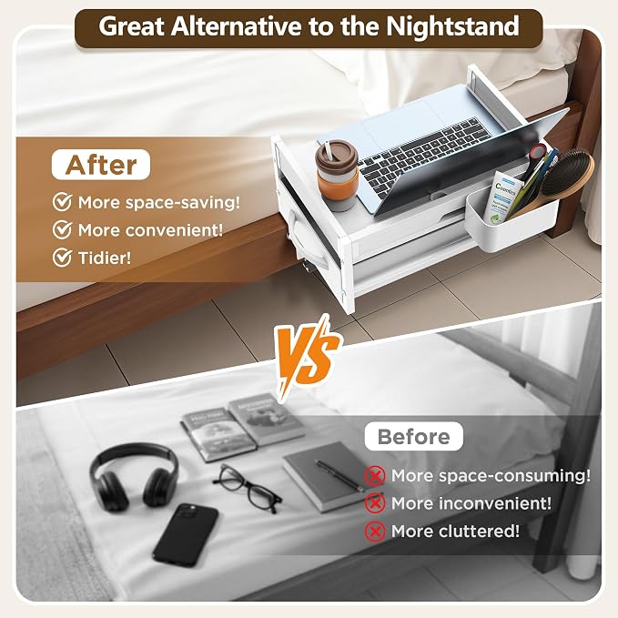 2 Tier Bedside Shelf for Dorm Bunk Bed, Under Mattress Bedside Shelf Clip On Nightstand with Fabric Drawer, Bed Side Table Tray Organizer, Bedside Tray with Cable Management, Back to School (white) - Image 7