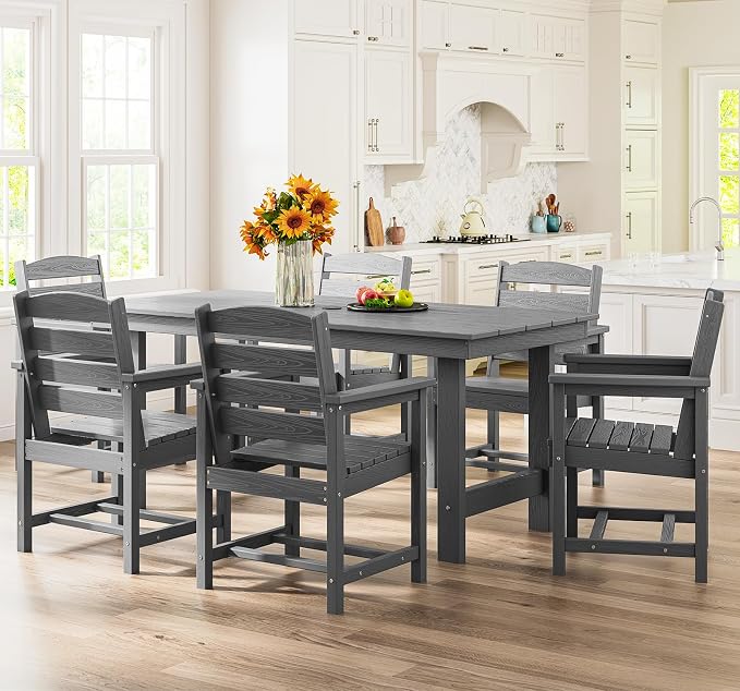 SERWALL Outdoor HDPE Dining Table Set, 7-Piece Outdoor Dining Table Sets with Umbrella Hole Cut-Out Table and 6 Chairs, Gray - Image 7