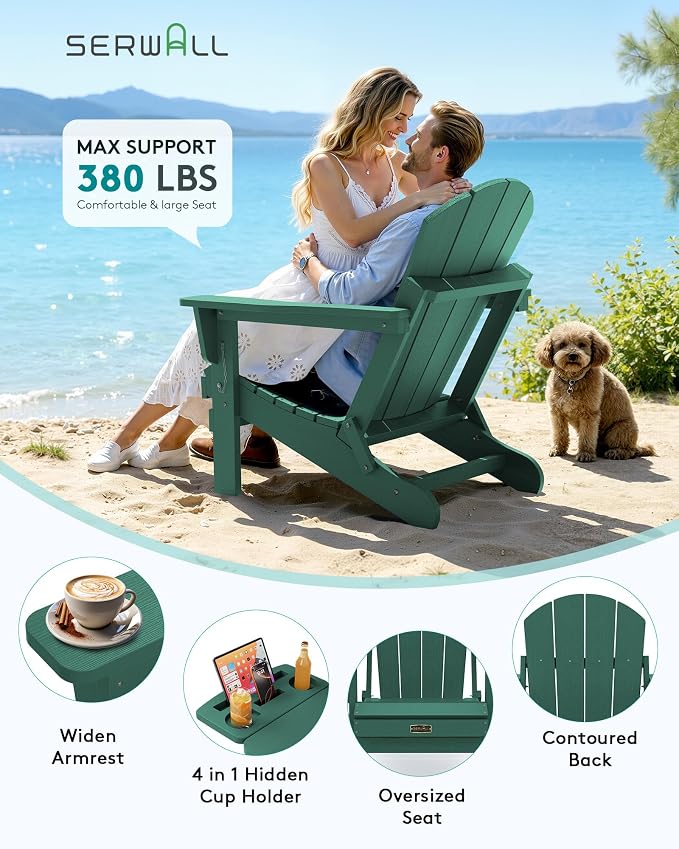 SERWALL Folding Adirondack Chair Set of 2, HIPS Adirondack Chairs with 4 in 1 Cup Holder, Weather Resistant Plastic Chairs for Patio Garden Outdoors Fire Pit - Green - Image 5