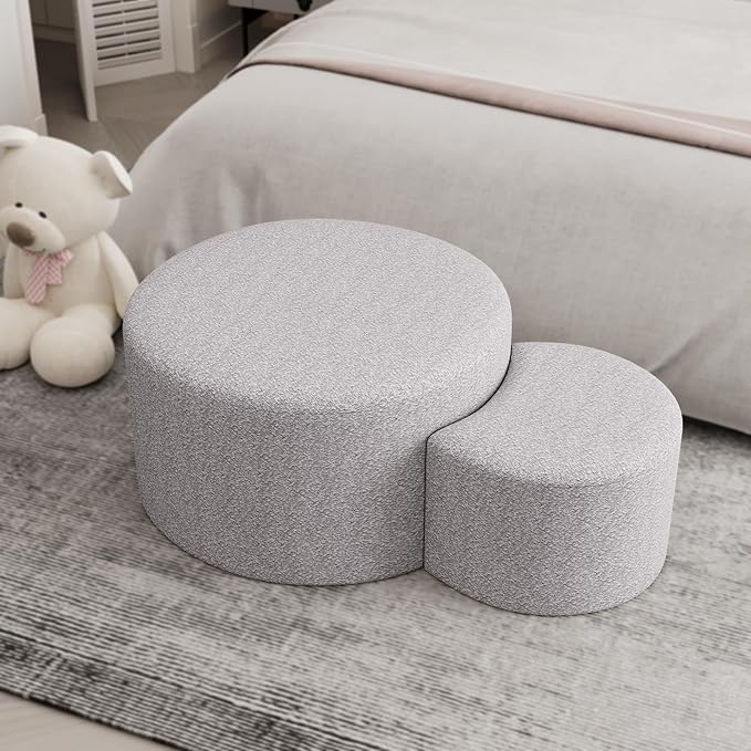 kevinplus Upholstered Round Nesting Coffee Tables Set of 2 for Living Room, Modern Contemporary Round Coffee Table Side Table End Table Ottoman, No Assembly, Yarn Dyed Fabric, Beige