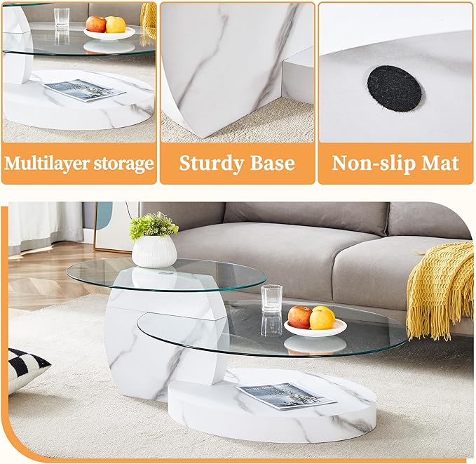 Ebullient Glass Coffee Table, 42" Oval Coffee Table, 2-Tier Glass Tabletop with White Faux Marble Pattern Base, Easy to Maintain and Assemble, Ideal for Dining Room, Living Room