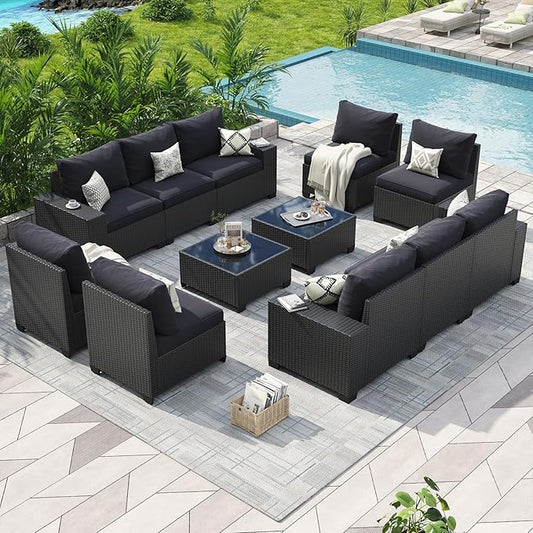Aoxun Patio Furniture Set, 12 Pcs Outdoor Patio Furniture Sets with 4 in Thicken Cushion, Widen Armrests Wicker Outdoor Sectional for Backyard (Waterproof Cover Include)