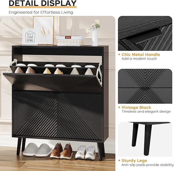 oakvivo Shoe Cabinet Storage, Farmhouse Freestanding Organizer with 2 Flip Drawers and 4 Wooden feet, Narrow Shoe Rack Cabinet for Entryway, Foyer, Hallway, Black - Image 6