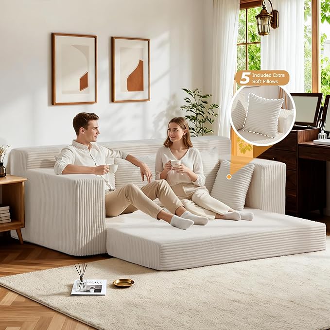 Boneless Couch 70 inch, 3 Seater Couch with Pull Out Bed, Boneless Loveseat Oversize Beige Futon Couch Floor Bed with 5 Pillows for Living Room Bedroom Lounge Small Space