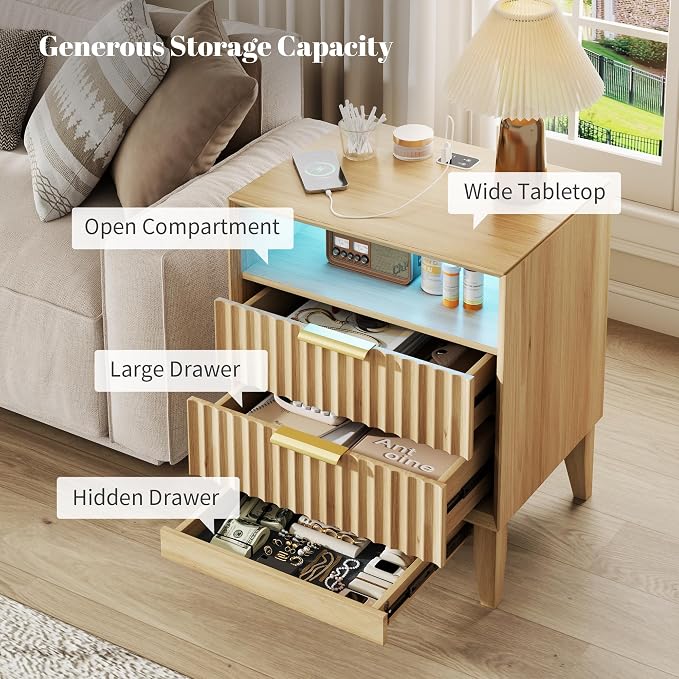 LVSOMT 20'W Fluted Nightstand with Charging Station, LED Night Stand with RFID Lock Hidden Drawer, Mid Century Morden Bedside Table for Bedroom, 2 Drawers and Open Storage Cubby, Natural Oak - Image 9