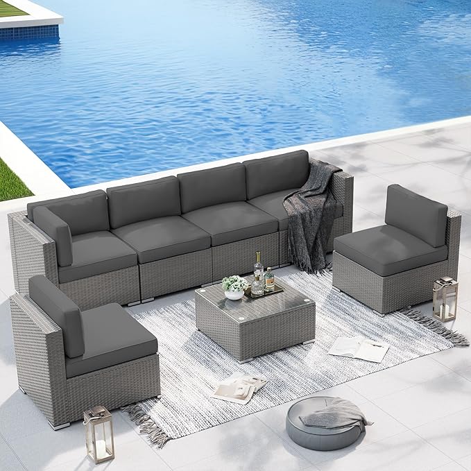 SUNCROWN Outdoor Patio Furniture Set 7 Piece Outdoor Sectional Sofa Grey Wicker Conversation Sofa Set with Coffee Table, Cushions and A Waterproof Cover -Grey
