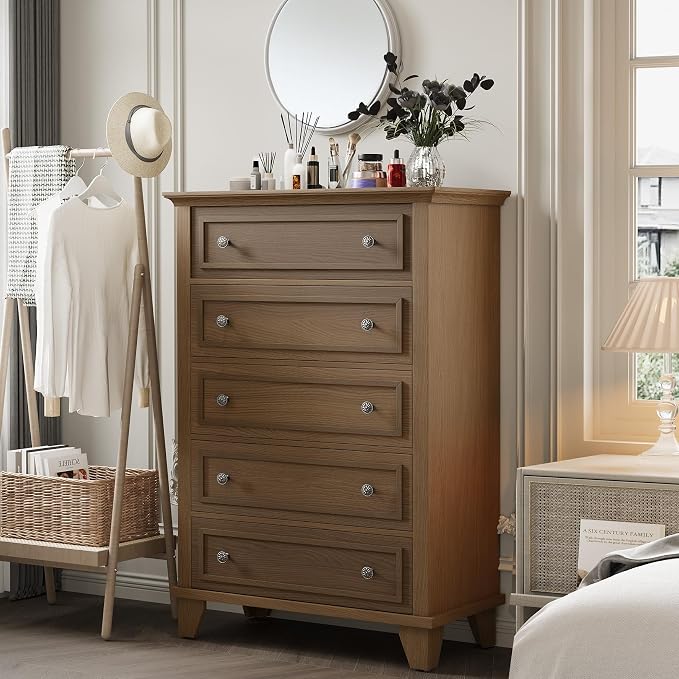 GAOMON Brown 5 Drawer Dresser for Bedroom, 48" Tall Wood Dresser & Chests of Drawers with Deep Drawers, Modern Chest Organizer with Metal Handles for Living Room, Hallway, Entryway by GAOMON