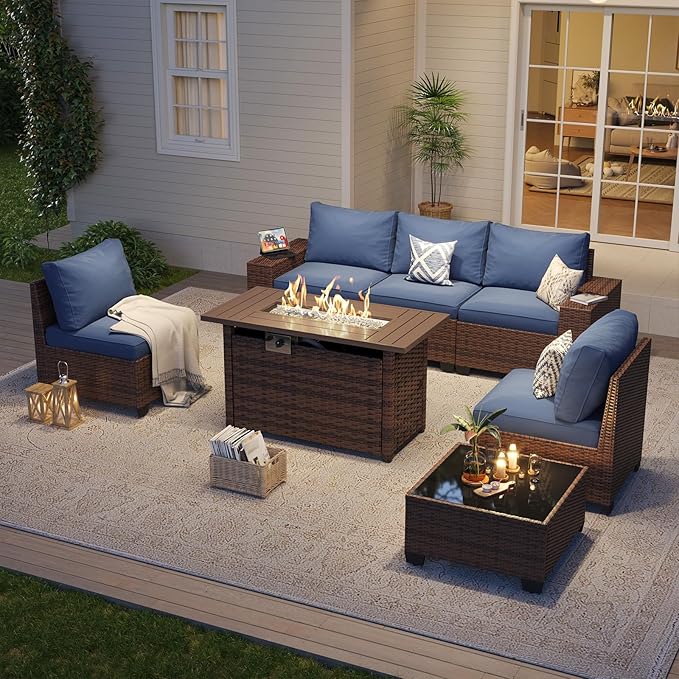 Aoxun Outdoor Patio Furniture Set with 44'' Fire Pit Table, 7 Pcs Outdoor Patio Furniture Sets with 4in Thicken Cushion, Widen Armrests Wicker Outdoor Sectional for Backyard (Waterproof Cover Include)