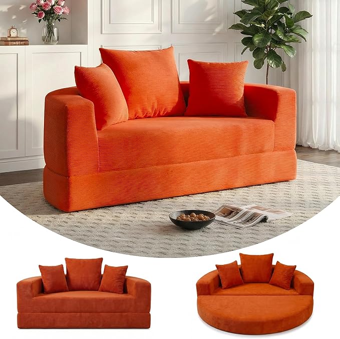 Casaphoria Convertible Sofa Bed,67'' Fold Out Sleeper Sofa with Pillows for Small Space,Multi-Functional Futon Couch for Living Room,Apartment,Guest Room(Orange)